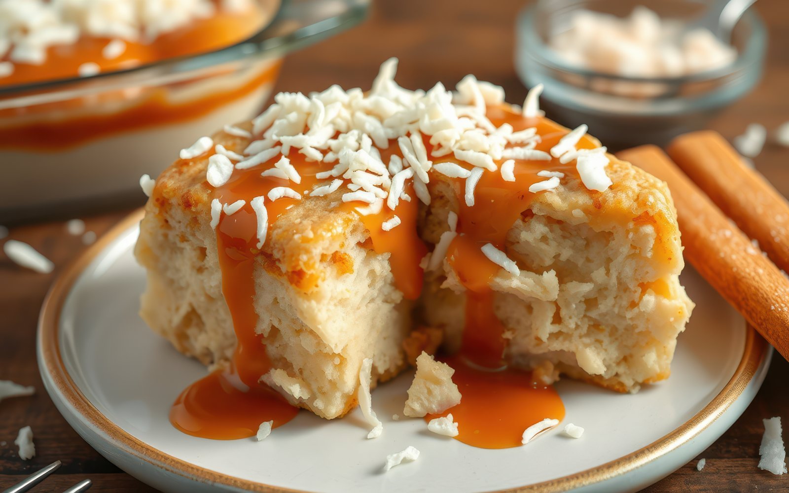 A slice of coconut cake drizzled with caramel and topped with shredded coconut